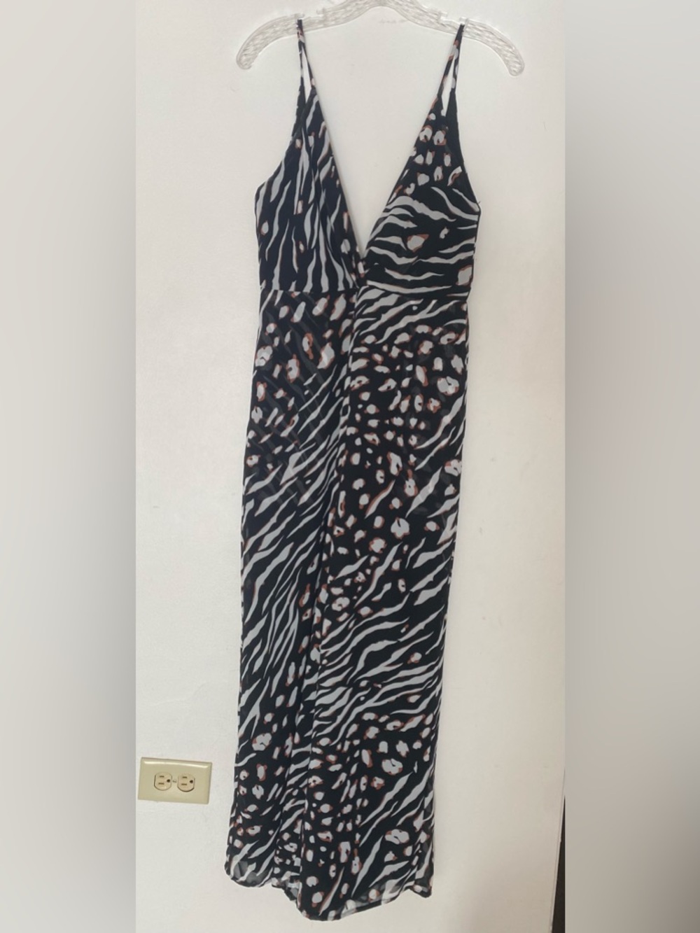 Luxxel Black and White Animal Print Slip Jumpsuit with Brown Accents